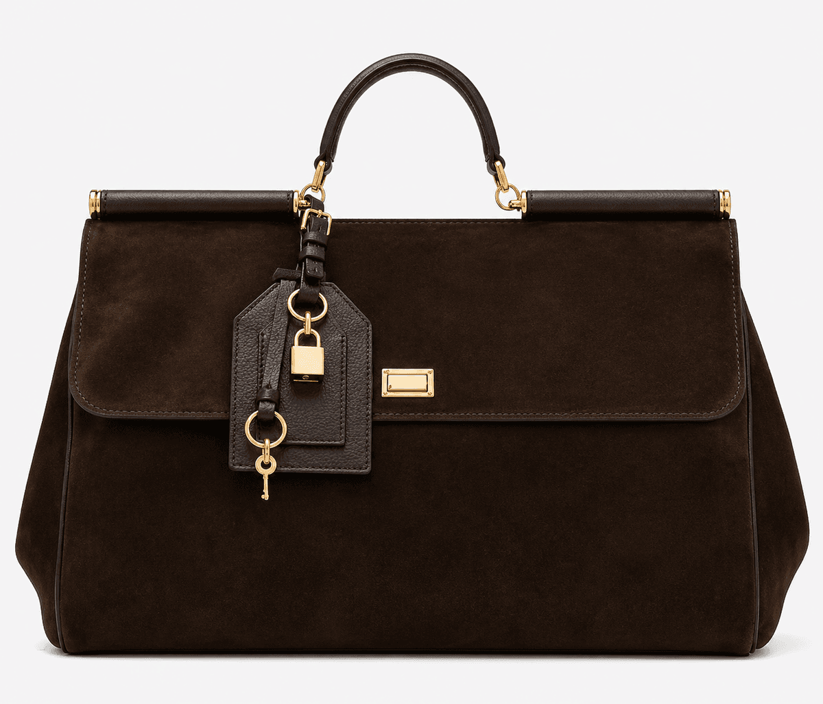 Dark brown leather structured handbag with gold lock detail and top handle luxury women bag