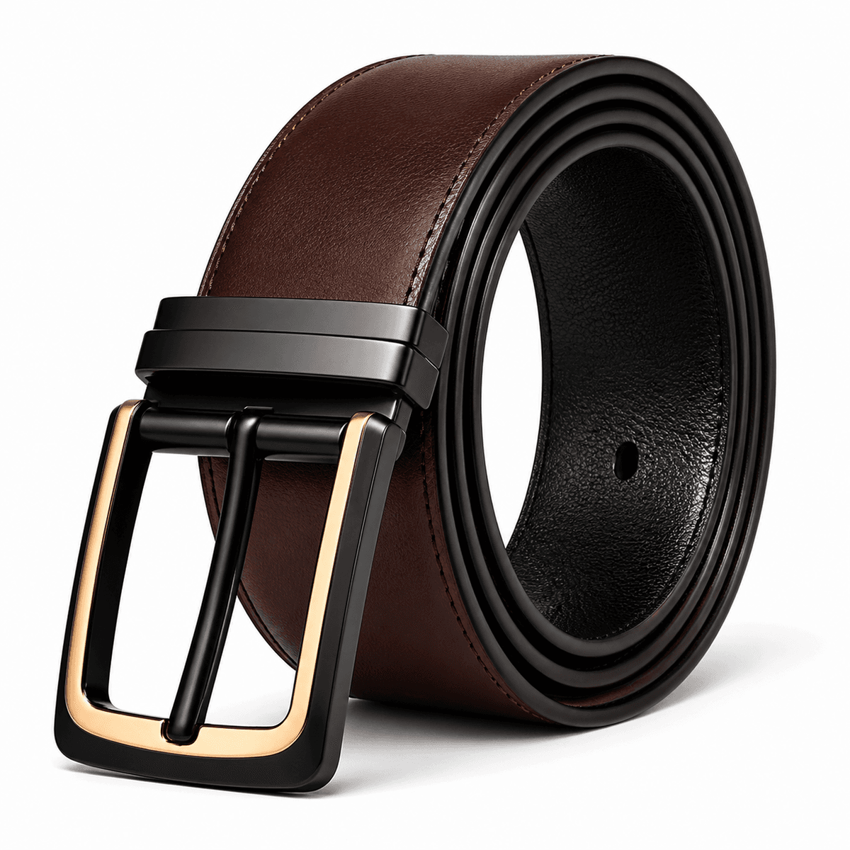 Brown leather belt with black and gold buckle for men formal wear