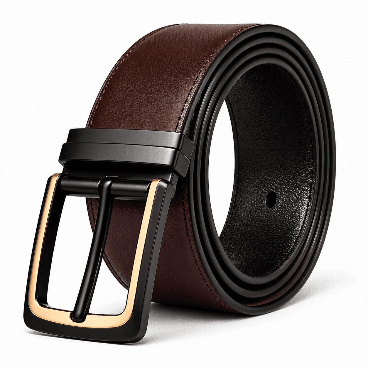 Brown leather belt with black and gold buckle for men formal wear